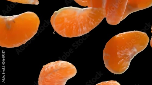 Close-up of the peeled tangerine pieces falling and rotating on the black background in slow motion. High quality 4k footage