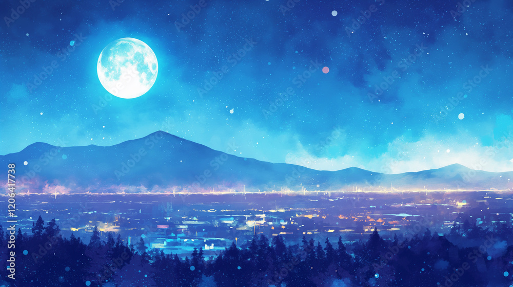 Fototapeta premium 都会のシルエットと夜空に輝く星々と月。優しい水彩画タッチの美しいアート。