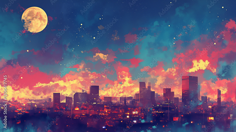 Fototapeta premium 都会のシルエットと夜空に輝く星々と月。優しい水彩画タッチの美しいアート。