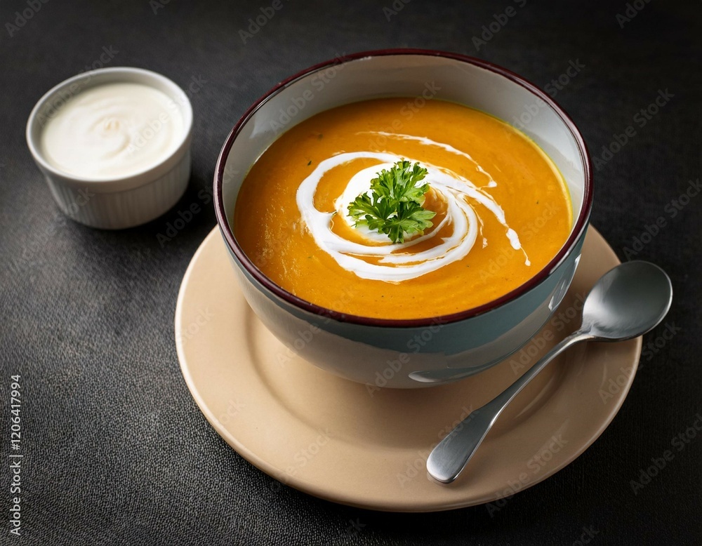a warm bowl of soup topped with cream and garnished served alongside a small bowl of cream a warm bowl of soup topped with cream and garnished served alongside a small bowl of cream