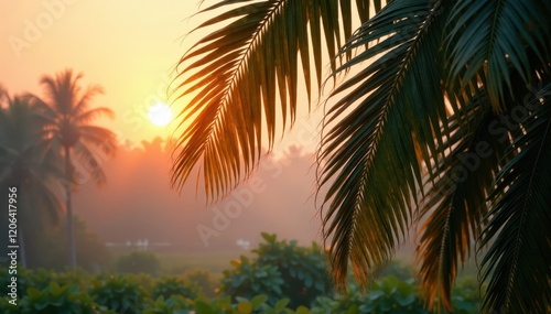 Low hanging fronds of palmetto bush against a misty dawn, landscape, foliage