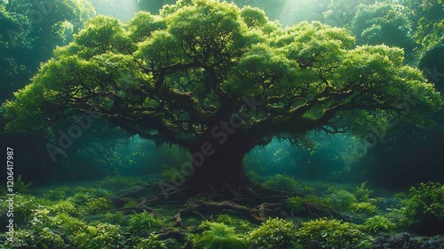 Massive rainforest tree with a network of vines and epiphytes growing on its trunk its roots spreading across the forest floor photo