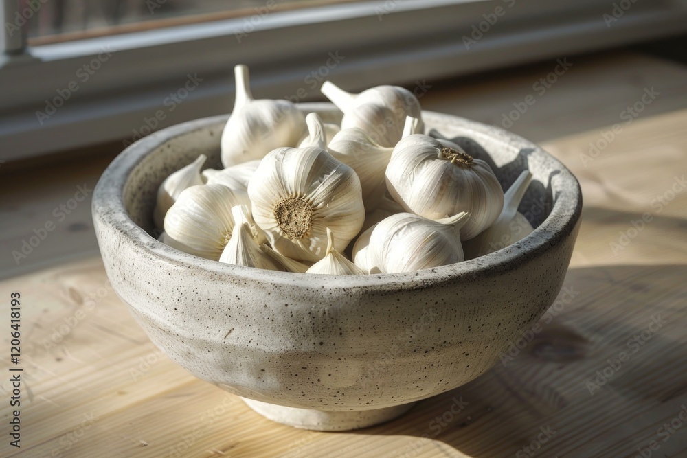 Numerous garlic bulbs sit in a ceramic bowl, placed on a wooden table near a sunlit window, creating a cozy, rustic atmosphere Numerous garlic bulbs sit in a ceramic bowl, placed on a wooden table near a sunlit window, creating a cozy, rustic atmosphere
