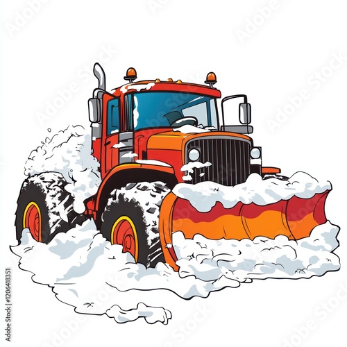 Red snow plow truck clearing snow.