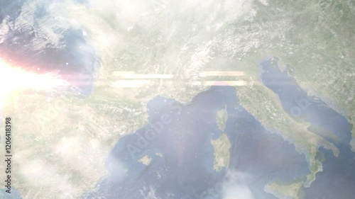 Earth zoom in from space and focus on Aubagne, France. Background for travel blog or intro. Satellite view. 3D style animation. Images from NASA.
