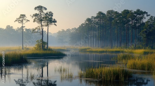 Fototapeta Naklejka Na Ścianę i Meble -  save our planet concept of a peaceful misty tropical grassland forest with natural swamp in the morning meadow sunrise nature field	