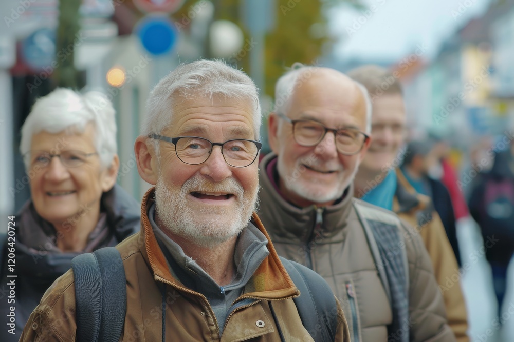 Portrait of a happy senior man with his friends in the city. Portrait of a happy senior man with his friends in the city.