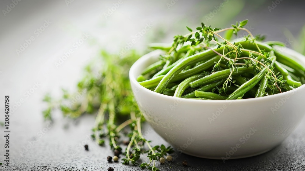 Buttery sauteed green beans in a white bowl, sprigs of thyme and cracked black pepper sprinkled, minimalist background with soft, diffused light
