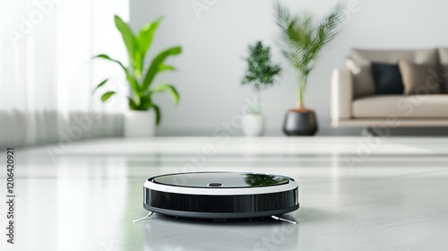 Robot vacuum ad in high-end living room, product spotlight with space for text, premium and modern style, smart tech focus