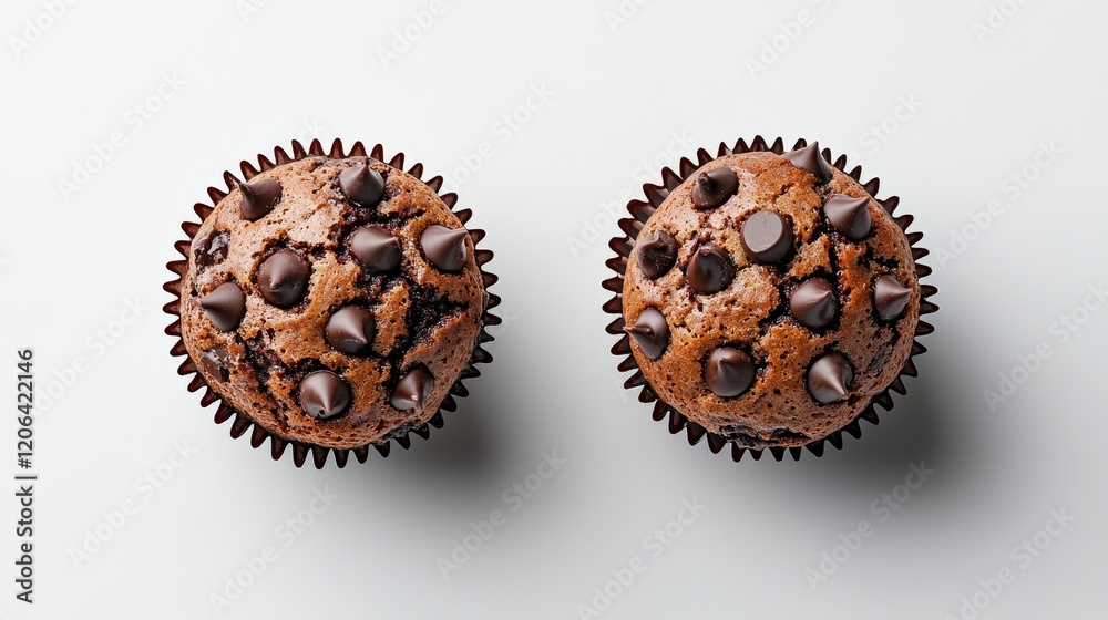 Isolated top-down view of two chocolate muffins with rich cocoa details, perfectly arranged on a smooth white surface, highlighting their decadence Isolated top-down view of two chocolate muffins with rich cocoa details, perfectly arranged on a smooth white surface, highlighting their decadence