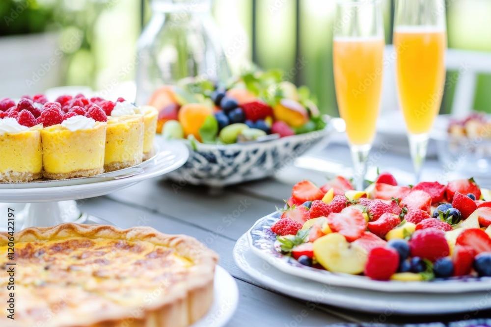 A lively outdoor brunch with vegetarian options, featuring quiche, fruit salad
