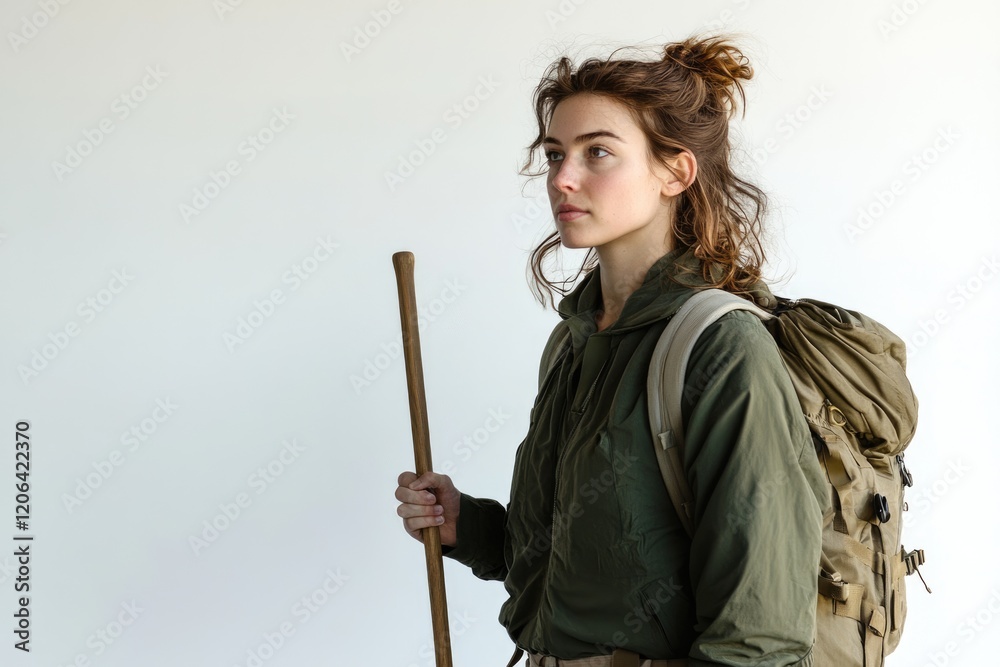 A young woman, backpack on, holds a walking stick, ready for a hike or trek. A young woman, backpack on, holds a walking stick, ready for a hike or trek.