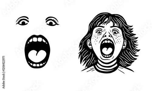Scream emotion, fear, - screaming mouth and feared eyes - vector design