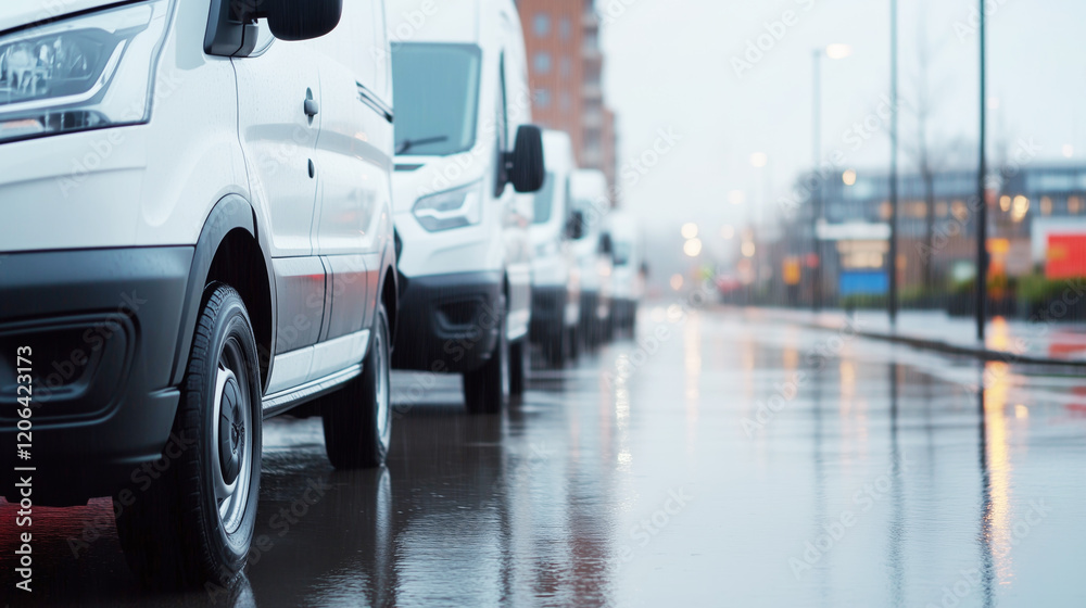 Row of white delivery vans parked on wet urban street with reflections Row of white delivery vans parked on wet urban street with reflections