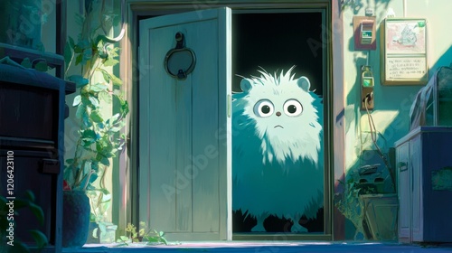 The fluffy little monster hides behind a door, giggling quietly before jumping out to scare you