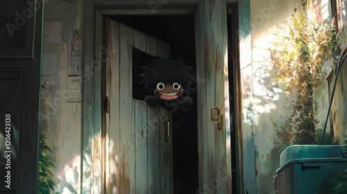 The fluffy little monster hides behind a door, giggling quietly before jumping out to scare you