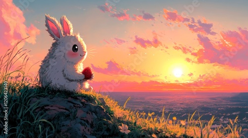 A cheerful little monster with fluffy ears sits atop a hill, watching the sunset paint the sky in pastel hues while happily munching on a piece of strawberry cake