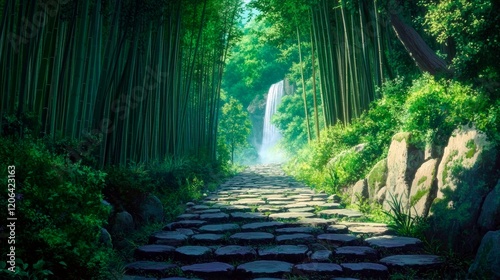 A crumbling stone pathway winding through a misty bamboo forest, where the faint sound of a distant waterfall whispers through the air