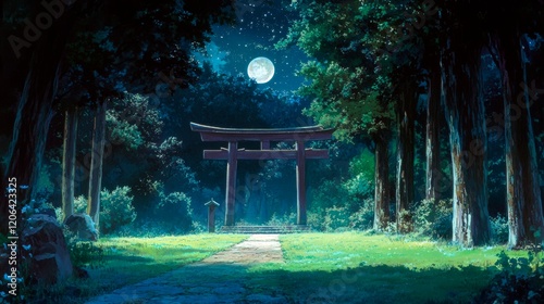 A quiet forest clearing, where a single wooden shrine stands amidst towering trees, bathed in the ethereal light of the full moon