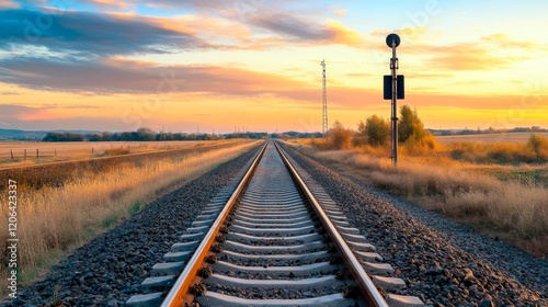 A quiet railway crossing, where the rhythmic sound of a distant train fades into the horizon beneath a sky painted with hues of twilight