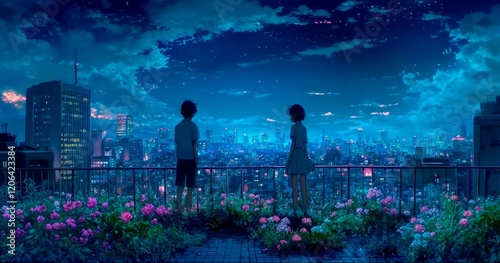 A silent rooftop garden high above the city, where flowers bloom quietly beneath the twinkling skyline, untouched by the noise below