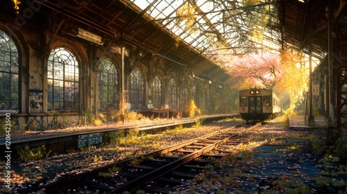 An abandoned train station bathed in the soft glow of the morning sun, where vines creep along the rusted tracks and cherry blossom petals drift gently in the breeze