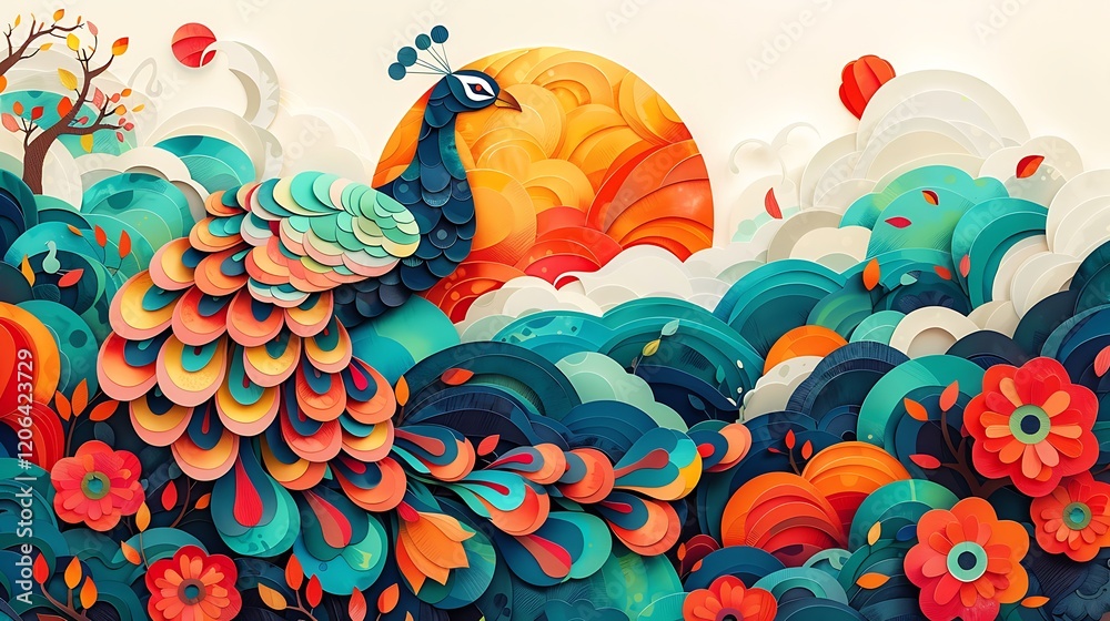 Obraz premium Colorful peacock sunset paper art, floral background