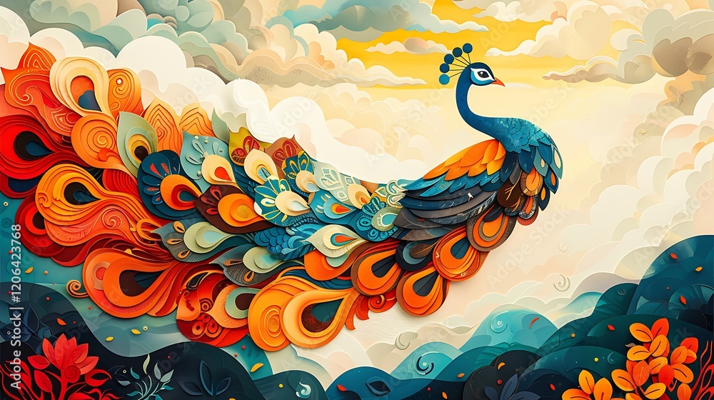 Obraz premium Colorful Peacock Soaring Above Mountains; Nature Illustration