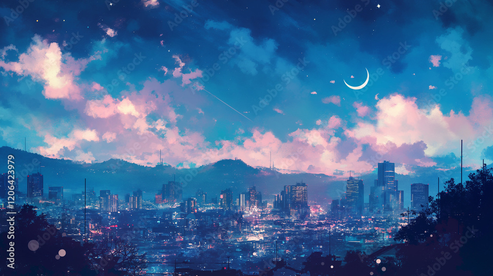 Obraz premium 星々と月が描く都会の夜空|夢見るような夜景イラスト。優しい水彩画タッチの美しいアート。