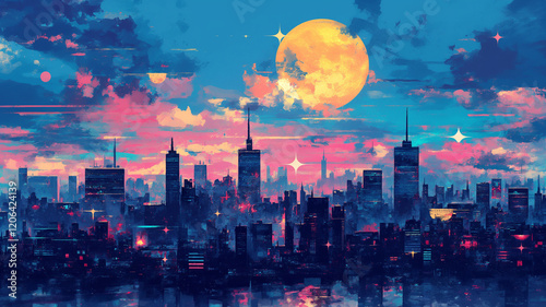 煌めく星空と三日月が輝く幻想的な夜景イラスト。優しい水彩画タッチの美しいアート。