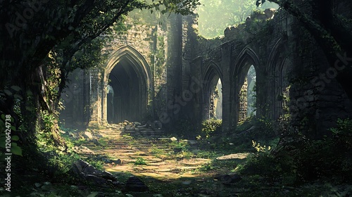Abandoned ruins enveloped by lush greenery and soft light.