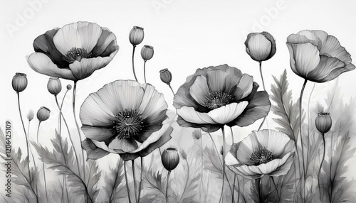 a minimalist watercolor illustration of poppy flowers in grayscale highlighting their delicate form and timeless beauty