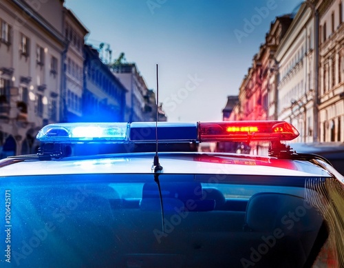 close up of blue and red lights of police car on duty photo
