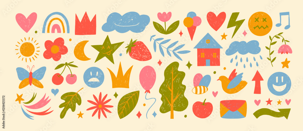Crayon drawn colorful doodle childish icons. Hand drawn childish funny simple vector illustrations. Crayon drawn colorful doodle childish icons. Hand drawn childish funny simple vector illustrations.