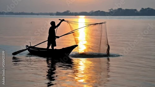 Silhouette scene of Fisherman on boat fishing with a fishnet. He use old traditional fishing equipment for fishing in The lake. Bang Phra Lake - Eastern of Thailand