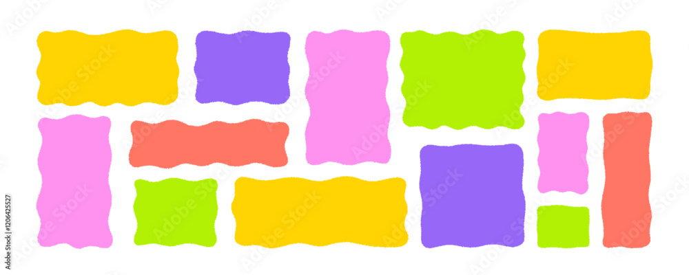 Set of colorful wavy organic rectangles and squares. Hand drawn vector geometrical shapes, funky frames for text and pictures. Empty speech bubbles. Irregular organic shapes for social media stories.