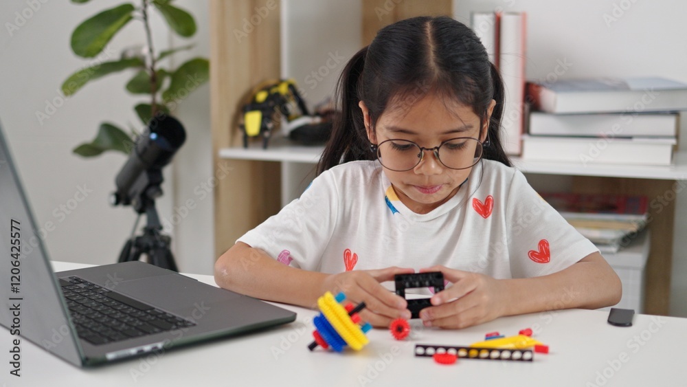 STEM education concept. Asian home school girls self-study online lessons and are excited to make STEM toys. mathematics engineering science technology computer code in robotics for kids' concepts. STEM education concept. Asian home school girls self-study online lessons and are excited to make STEM toys. mathematics engineering science technology computer code in robotics for kids' concepts.