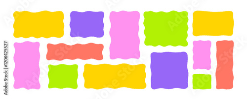 Set of colorful wavy organic rectangles and squares. Hand drawn vector geometrical shapes, funky frames for text and pictures. Empty speech bubbles. Irregular organic shapes for social media stories.
