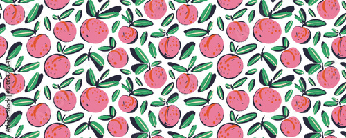 Seamless funky pattern with hand drawn peaches or apricots. Colorful brush drawn fruits design.