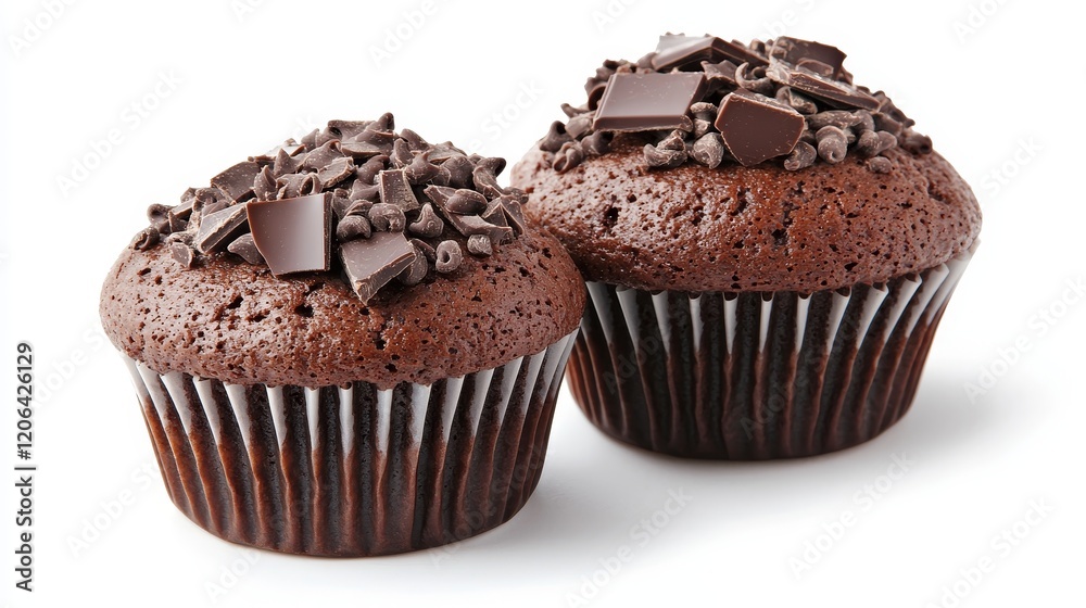 Artistic close-up of two chocolate muffins, showing every crumb and texture, elegantly displayed on a white canvas for a refined aesthetic Artistic close-up of two chocolate muffins, showing every crumb and texture, elegantly displayed on a white canvas for a refined aesthetic