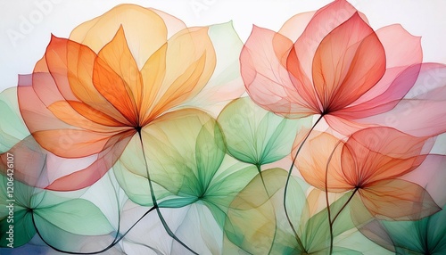 Wallpaper Mural a striking watercolor illustration featuring delicate transparent petals in vibrant shades of orange pink and green Torontodigital.ca