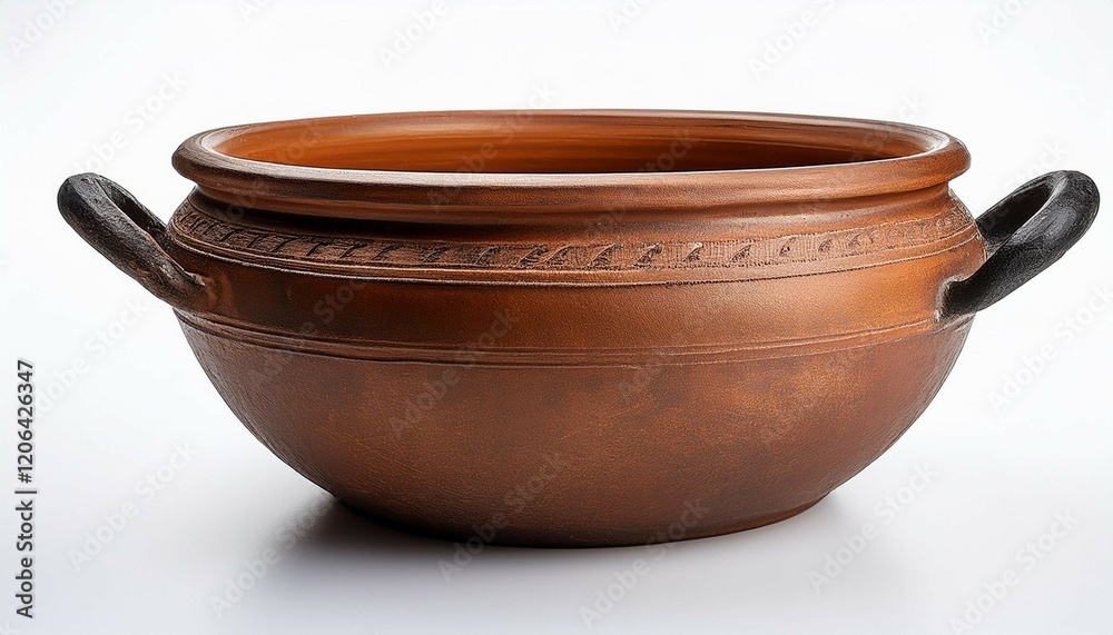 traditional clay pot with rustic handles featuring a weathered finish that highlights its vintage character against a white background traditional clay pot with rustic handles featuring a weathered finish that highlights its vintage character against a white background