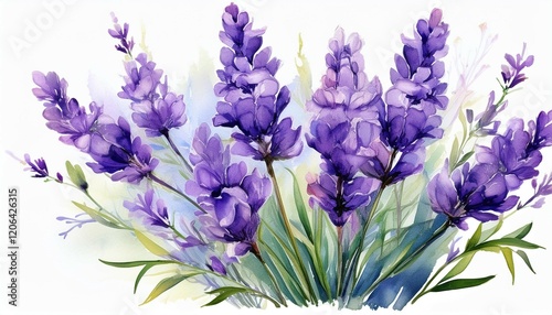 watercolor lavender flowers with green leaves painted in a delicate and artistic style featuring vibrant purple blooms and soft natural textures isolated on white background