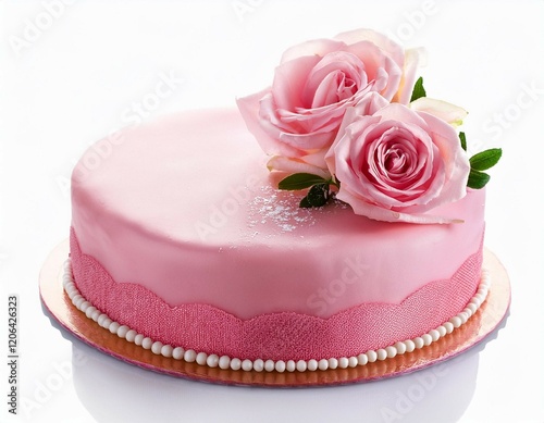 pink wedding cake with pink rose isolated on white background