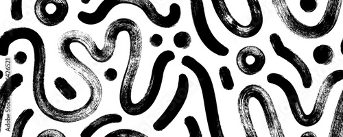 Funky brush drawn bold squiggles seamless pattern. Hand drawn abstract organic geometric seamless banner design. Various basic bold curly lines and circle shapes. Vector ink illustration.