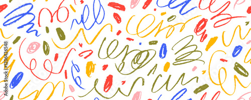 Colorful funky squiggles seamless pattern. Crayon drawn childish squiggles, swirls, trendy scribbles. Hand drawn kid's pencil sketch with simple confetti strokes. Doodle rough thin lines with dots.