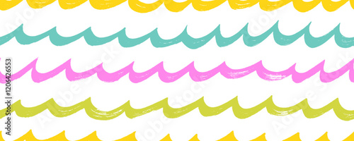 Bold brush drawn colorful waves seamless background. Seamless pattern with curly thick lines, tsunami, nautical tide and storm motif. Hand drawn graphic wavy background with simple nautical motif.