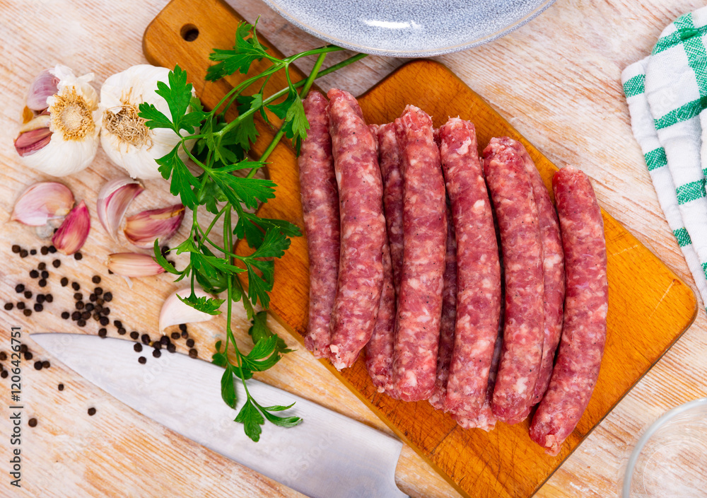 Fresh raw sausage (Longaniza) on kitchen board in restaurant