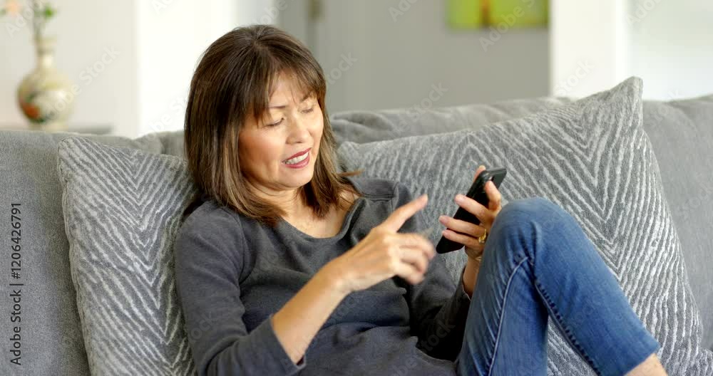 Happy woman using smartphone credit card to online shop sitting on home sofa Happy woman using smartphone credit card to online shop sitting on home sofa