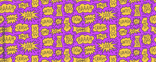 Yellow and pink funky seamless pattern with comic speech bubbles and cool words.